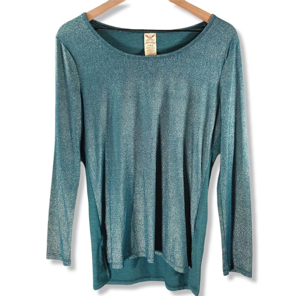 Long-sleeve t-shirt womens Small Green Shimmery boat-neck sparkle